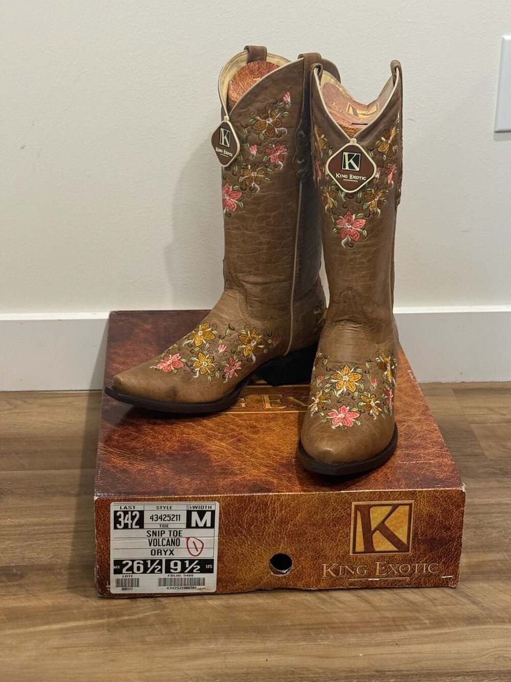 King Exotic Volcano Oryx Leather Snip Toe Floral Embroidered Cowgirl Boots